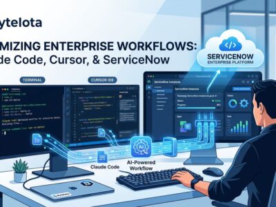 Developer terminal showing Claude Code and Cursor IDE connected to ServiceNow enterprise platform with blue and white color scheme