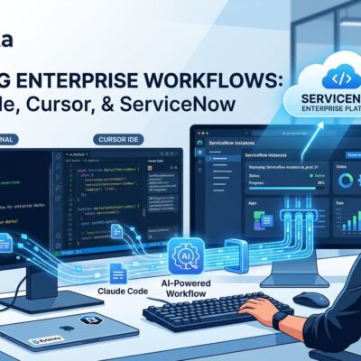 Developer terminal showing Claude Code and Cursor IDE connected to ServiceNow enterprise platform with blue and white color scheme