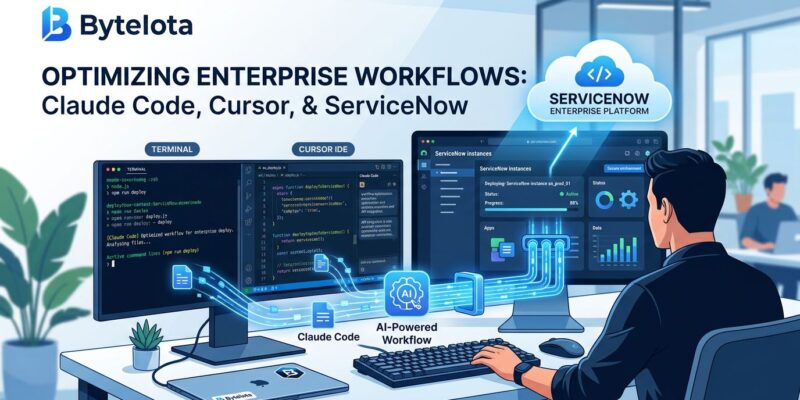 Developer terminal showing Claude Code and Cursor IDE connected to ServiceNow enterprise platform with blue and white color scheme
