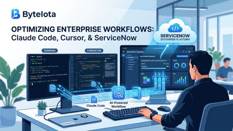 Developer terminal showing Claude Code and Cursor IDE connected to ServiceNow enterprise platform with blue and white color scheme