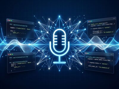 Abstract visualization of OpenAI Realtime API voice models with sound waves and neural network connections in blue and white