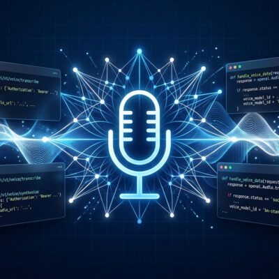 Abstract visualization of OpenAI Realtime API voice models with sound waves and neural network connections in blue and white