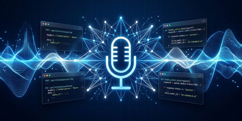 Abstract visualization of OpenAI Realtime API voice models with sound waves and neural network connections in blue and white