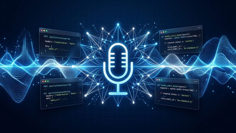Abstract visualization of OpenAI Realtime API voice models with sound waves and neural network connections in blue and white