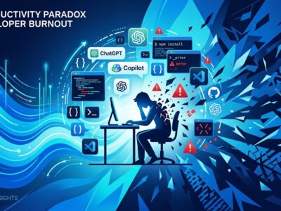 Abstract visualization of AI productivity paradox showing developer overwhelmed by AI tools