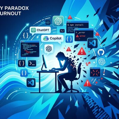 Abstract visualization of AI productivity paradox showing developer overwhelmed by AI tools