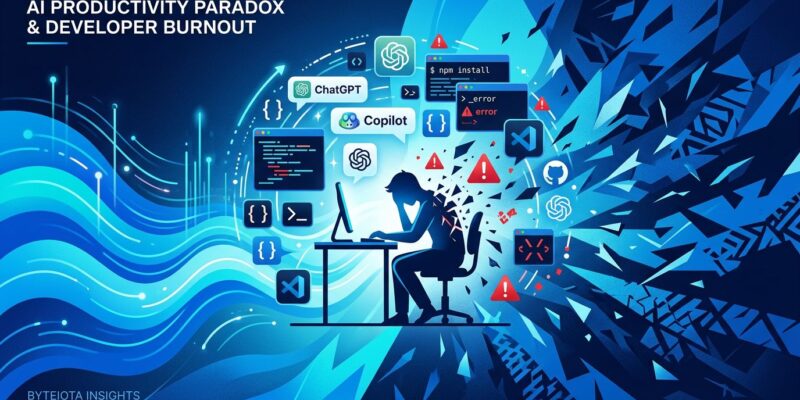 Abstract visualization of AI productivity paradox showing developer overwhelmed by AI tools