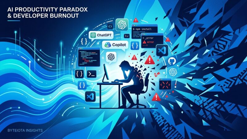 Abstract visualization of AI productivity paradox showing developer overwhelmed by AI tools