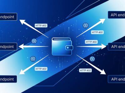 Abstract illustration showing AI agent digital wallet connecting to API endpoints via stablecoin payment flows, AWS Bedrock AgentCore Payments