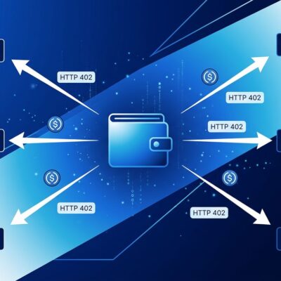 Abstract illustration showing AI agent digital wallet connecting to API endpoints via stablecoin payment flows, AWS Bedrock AgentCore Payments