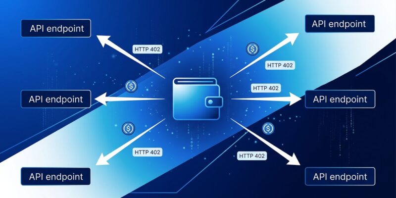 Abstract illustration showing AI agent digital wallet connecting to API endpoints via stablecoin payment flows, AWS Bedrock AgentCore Payments