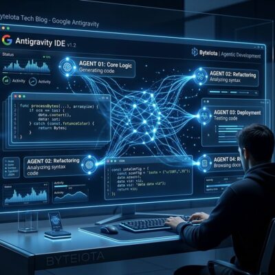 Google Antigravity agentic IDE showing multiple AI agents running in parallel with blue and white color scheme