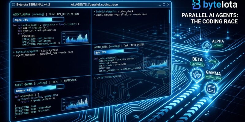 Grok Build terminal CLI coding agent interface showing parallel AI agents competing on code