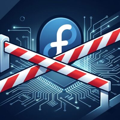 Fedora logo with blocked stamp overlay on a dark blue tech background representing the blocked AI developer desktop initiative