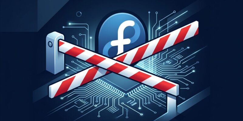 Fedora logo with blocked stamp overlay on a dark blue tech background representing the blocked AI developer desktop initiative