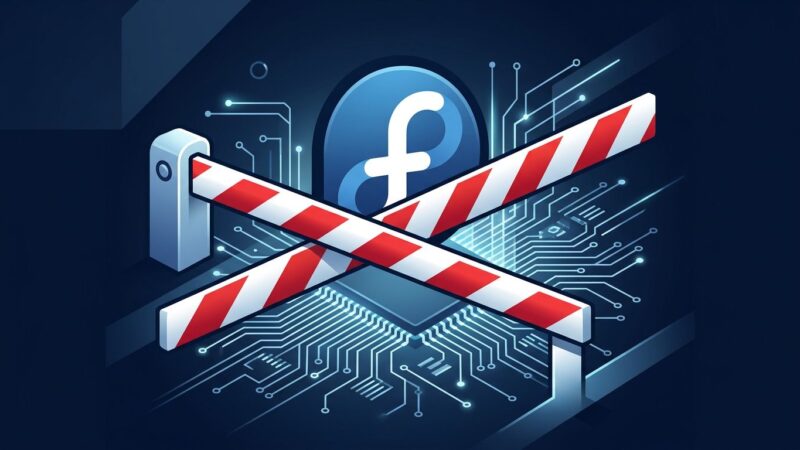 Fedora logo with blocked stamp overlay on a dark blue tech background representing the blocked AI developer desktop initiative