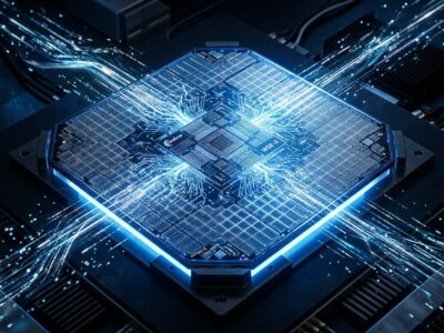 Cerebras WSE-3 silicon wafer with blue glowing neural network circuit patterns for AI inference