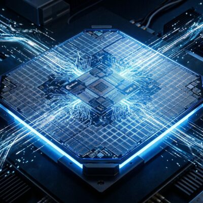 Cerebras WSE-3 silicon wafer with blue glowing neural network circuit patterns for AI inference