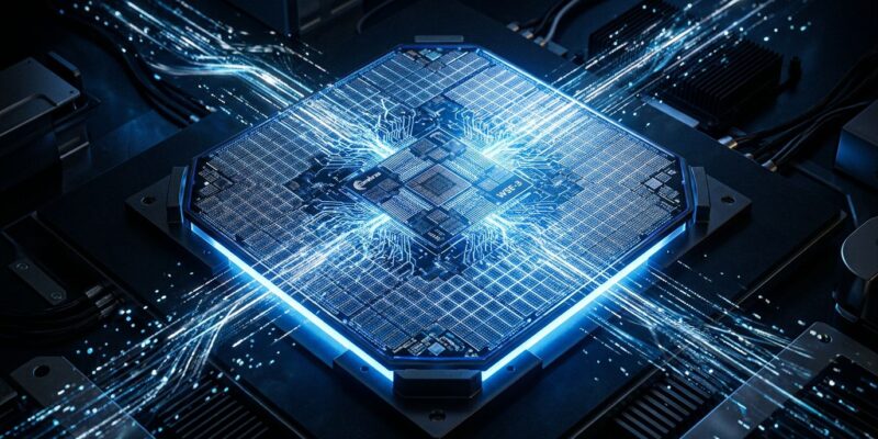 Cerebras WSE-3 silicon wafer with blue glowing neural network circuit patterns for AI inference