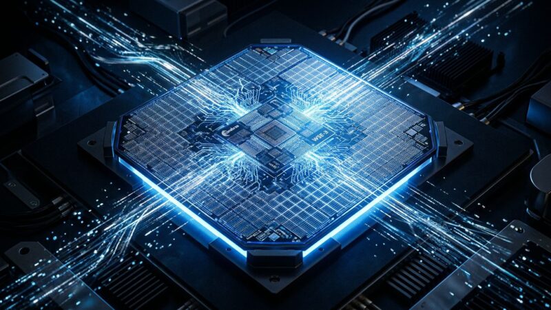 Cerebras WSE-3 silicon wafer with blue glowing neural network circuit patterns for AI inference