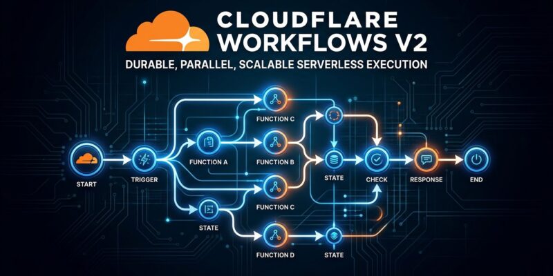 Cloudflare Workflows V2 architecture diagram showing parallel durable execution with Dynamic Workflows per-tenant routing