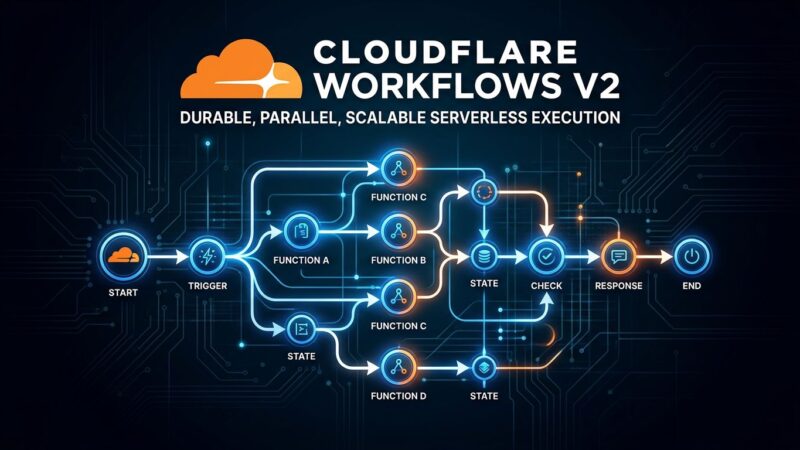 Cloudflare Workflows V2 architecture diagram showing parallel durable execution with Dynamic Workflows per-tenant routing