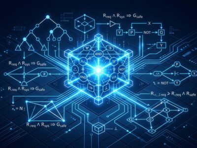 Abstract visualization of formal logic verification with geometric proof diagrams representing AWS Kiro Requirements Analysis feature