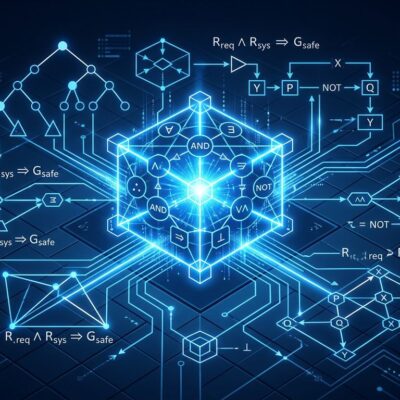 Abstract visualization of formal logic verification with geometric proof diagrams representing AWS Kiro Requirements Analysis feature
