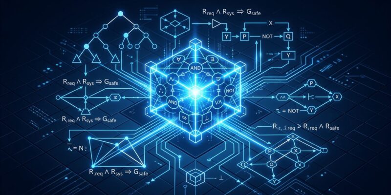 Abstract visualization of formal logic verification with geometric proof diagrams representing AWS Kiro Requirements Analysis feature