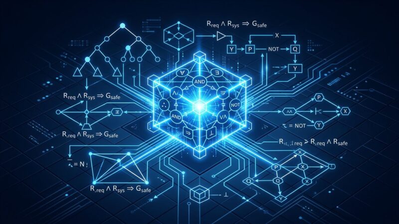 Abstract visualization of formal logic verification with geometric proof diagrams representing AWS Kiro Requirements Analysis feature