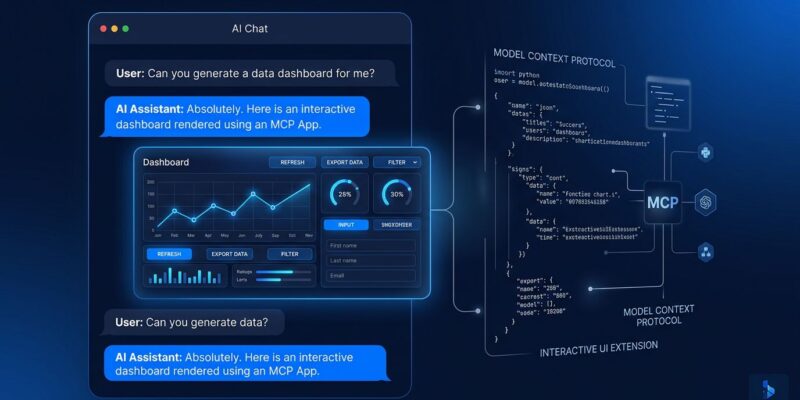 MCP Apps extension rendering an interactive dashboard UI inside a Claude chat window, showing the Model Context Protocol's new UI capability