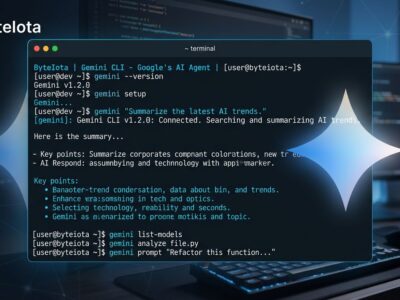 Gemini CLI terminal interface showing AI coding agent commands with blue and white ByteIota brand colors