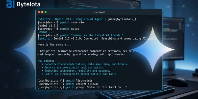 Gemini CLI terminal interface showing AI coding agent commands with blue and white ByteIota brand colors