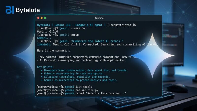 Gemini CLI terminal interface showing AI coding agent commands with blue and white ByteIota brand colors