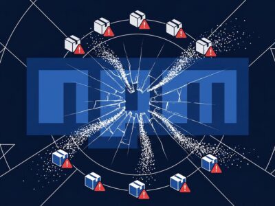 npm logo with cracked glass effect representing the node-ipc supply chain attack credential stealer