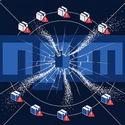 npm logo with cracked glass effect representing the node-ipc supply chain attack credential stealer