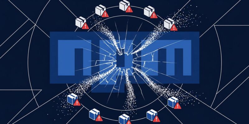 npm logo with cracked glass effect representing the node-ipc supply chain attack credential stealer