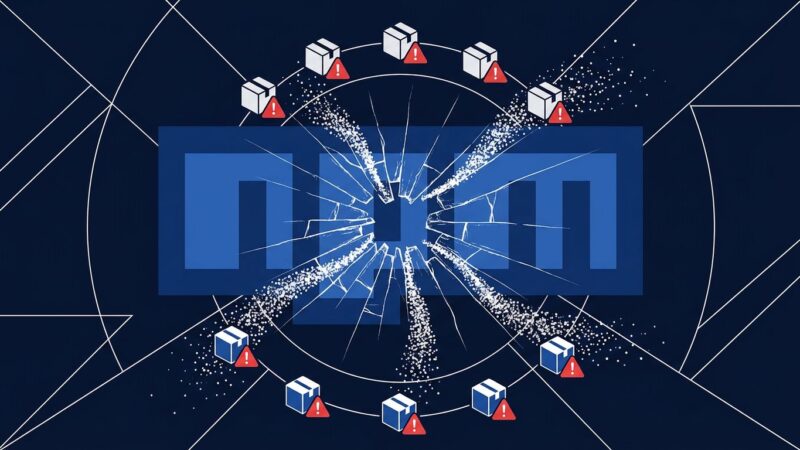 npm logo with cracked glass effect representing the node-ipc supply chain attack credential stealer