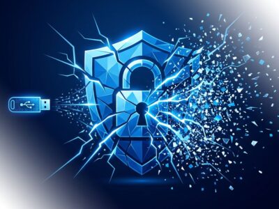Abstract illustration showing a blue shield lock symbol cracking apart with fracture lines, representing the YellowKey BitLocker encryption bypass exploit