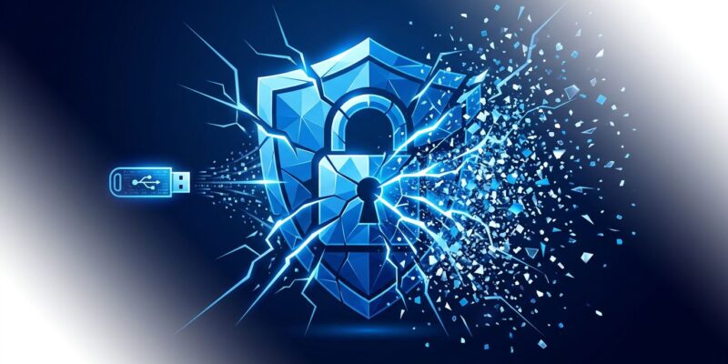 Abstract illustration showing a blue shield lock symbol cracking apart with fracture lines, representing the YellowKey BitLocker encryption bypass exploit