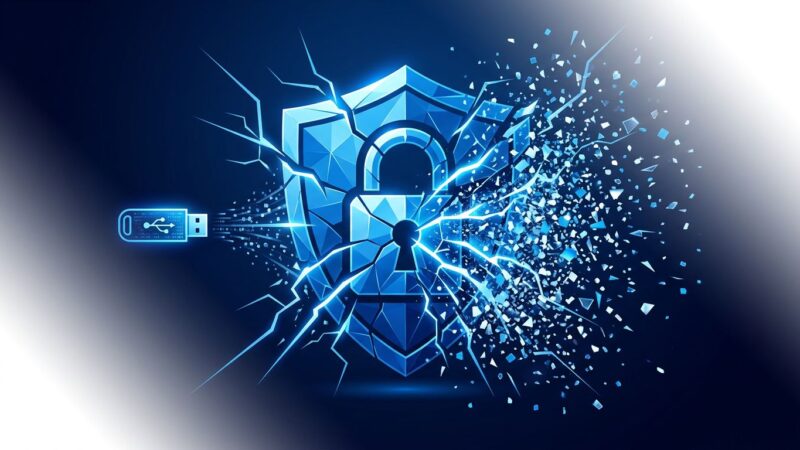 Abstract illustration showing a blue shield lock symbol cracking apart with fracture lines, representing the YellowKey BitLocker encryption bypass exploit