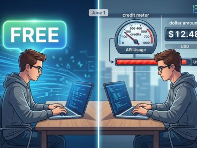 Split-screen showing free AI subscription on the left versus usage-based billing with a credit meter on the right