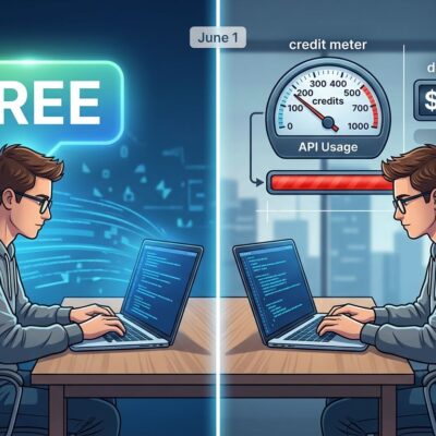 Split-screen showing free AI subscription on the left versus usage-based billing with a credit meter on the right