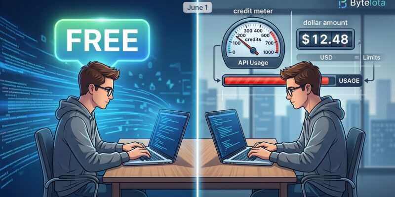 Split-screen showing free AI subscription on the left versus usage-based billing with a credit meter on the right