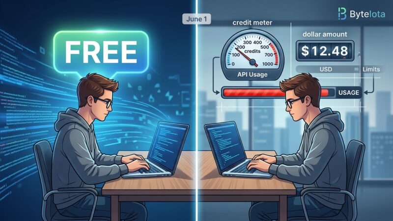 Split-screen showing free AI subscription on the left versus usage-based billing with a credit meter on the right