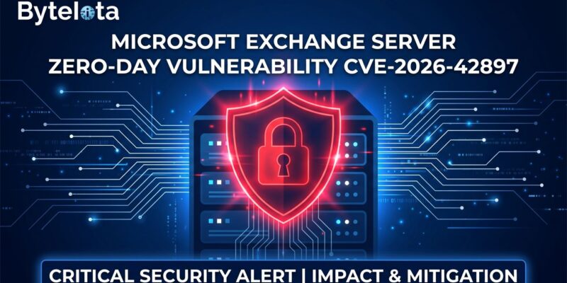 Microsoft Exchange Server zero-day vulnerability CVE-2026-42897 warning shield over server rack