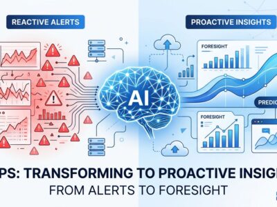 AIOps predictive monitoring architecture showing AI-driven infrastructure observability and automated incident prevention