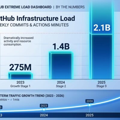 Data visualization dashboard showing GitHub AI agent infrastructure strain with 275 million weekly commits, 37 incidents, and capacity metrics