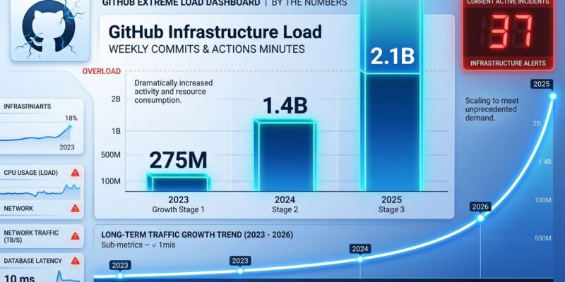 Data visualization dashboard showing GitHub AI agent infrastructure strain with 275 million weekly commits, 37 incidents, and capacity metrics