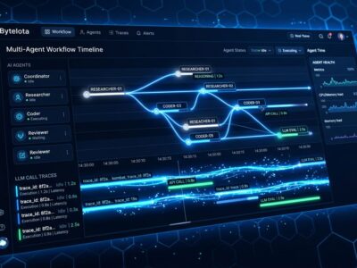 Honeycomb Agent Observability dashboard showing multi-agent workflow timeline with blue data streams and LLM call traces
